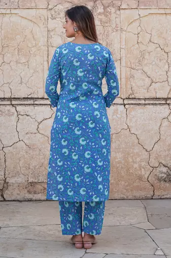 women blue floral straight kurta pant and dupatta set