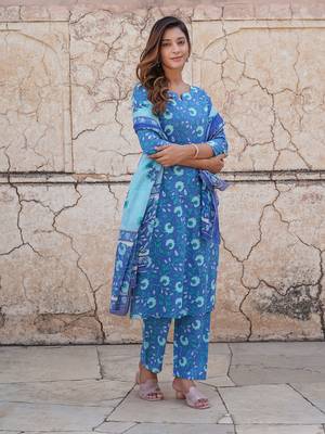 women blue floral straight kurta pant and dupatta set 5