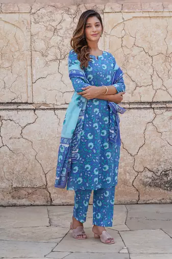 women blue floral straight kurta pant and dupatta set