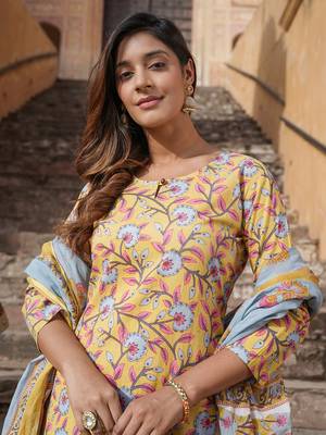 women yellow floral straight kurta pant and dupatta set 2
