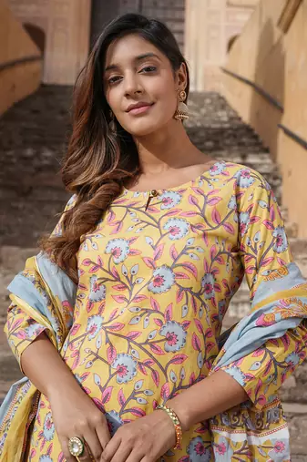 women yellow floral straight kurta pant and dupatta set