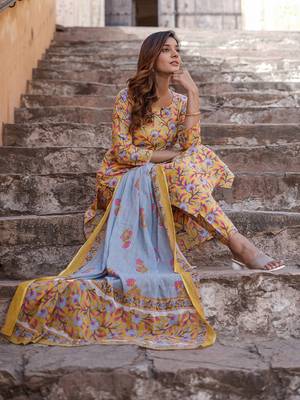 women yellow floral straight kurta pant and dupatta set 1