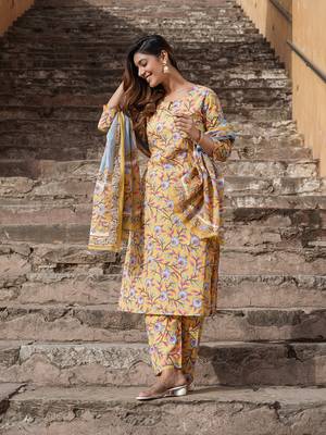 women yellow floral straight kurta pant and dupatta set 3