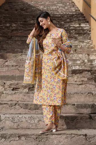 women yellow floral straight kurta pant and dupatta set