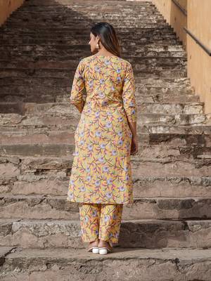 women yellow floral straight kurta pant and dupatta set 4