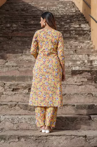 women yellow floral straight kurta pant and dupatta set