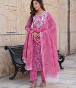 women pink floral straight kurta pant and dupatta set