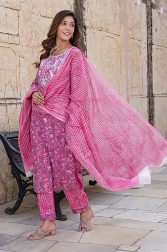 women pink floral straight kurta pant and dupatta set