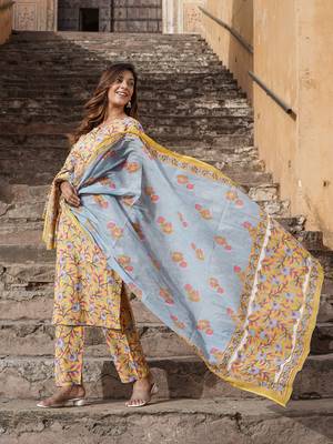 women yellow floral straight kurta pant and dupatta set 5