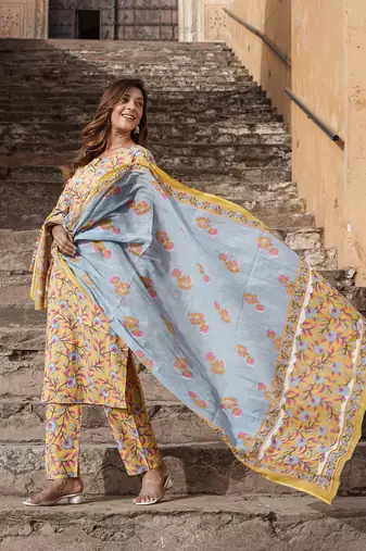 women yellow floral straight kurta pant and dupatta set