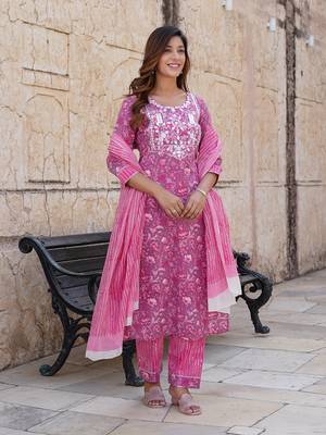 women pink floral straight kurta pant and dupatta set 4