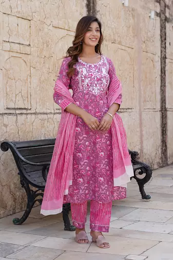 women pink floral straight kurta pant and dupatta set