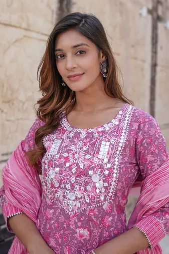women pink floral straight kurta pant and dupatta set
