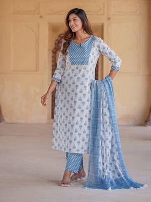 women white floral straight kurta pant and dupatta set 2