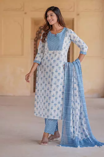 women white floral straight kurta pant and dupatta set