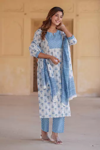 women white floral straight kurta pant and dupatta set