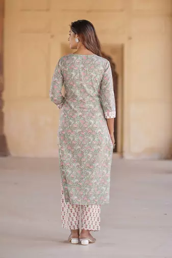 women green floral straight kurta pant and dupatta set