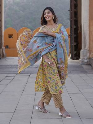 women yellow floral straight kurta pant and dupatta set 2