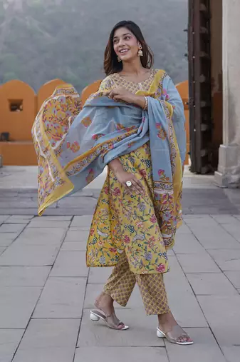 women yellow floral straight kurta pant and dupatta set