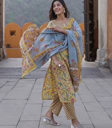 women yellow floral straight kurta pant and dupatta set