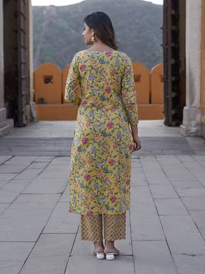women yellow floral straight kurta pant and dupatta set 3