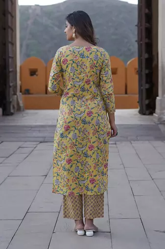 women yellow floral straight kurta pant and dupatta set