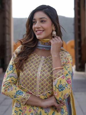 women yellow floral straight kurta pant and dupatta set 4