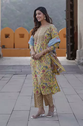 women yellow floral straight kurta pant and dupatta set