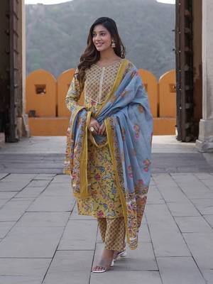 women yellow floral straight kurta pant and dupatta set 1
