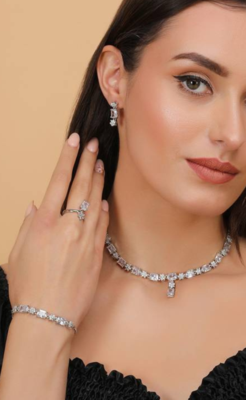 Rhodium Plated White Stone Embellished CZ Necklace 317FNN330 1