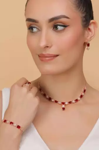 Rose Gold Plated Red Stone Embellished CZ Necklace 317FNN325