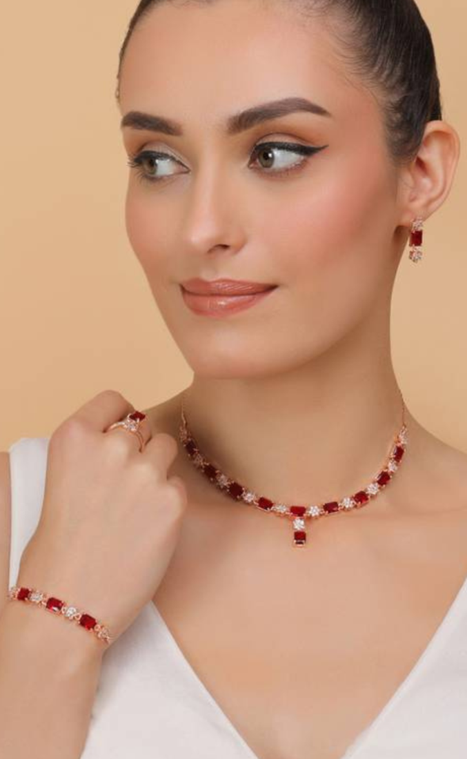 Rose Gold Plated Red Stone Embellished CZ Necklace 317FNN325