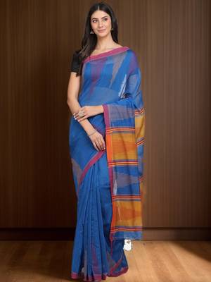 Blue plain silk cotton saree with blouse 1