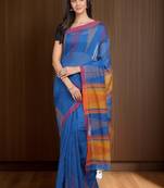 Blue plain silk cotton saree with blouse