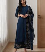 Navy-blue printed cotton kurta-suits