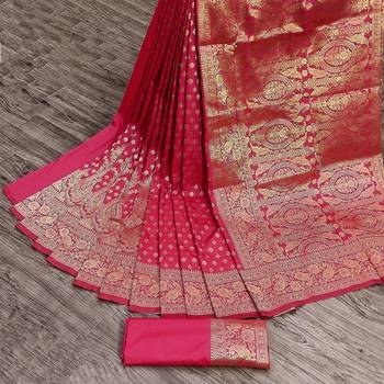 KORAMS DESIGN BANARASI SILK PINK FLORAL DESIGN ZARI WOVEN BORDER PARTY WEAR SAREE WITH BLOUSE  5