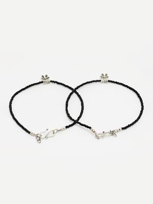 Sasha oxidished silver brass metal flower with black moti thread anklet for women/girls - pack of 2 2