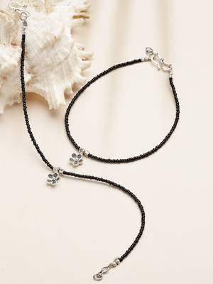 Sasha oxidished silver brass metal flower with black moti thread anklet for women/girls - pack of 2 3