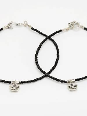 Sasha oxidished silver brass metal flower with black moti thread anklet for women/girls - pack of 2 4