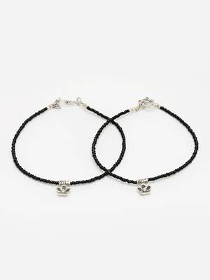 Sasha oxidished silver brass metal flower with black moti thread anklet for women/girls - pack of 2 5