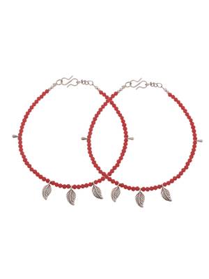 Sasha oxidished silver brass metal leaf with red moti anklet for women/girls - pack of 2 2