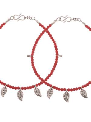 Sasha oxidished silver brass metal leaf with red moti anklet for women/girls - pack of 2 3