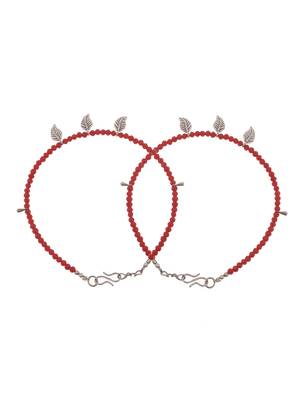 Sasha oxidished silver brass metal leaf with red moti anklet for women/girls - pack of 2 4