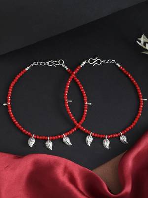 Sasha oxidished silver brass metal leaf with red moti anklet for women/girls - pack of 2 5