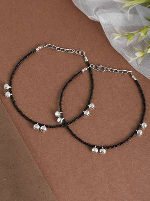 Sasha sterling silver moti with black thread anklet for women/girls - pack of 2 5