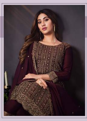 Dark purple georgette silk embroidery semi stitched suits 1