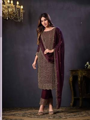 Dark purple georgette silk embroidery semi stitched suits 2