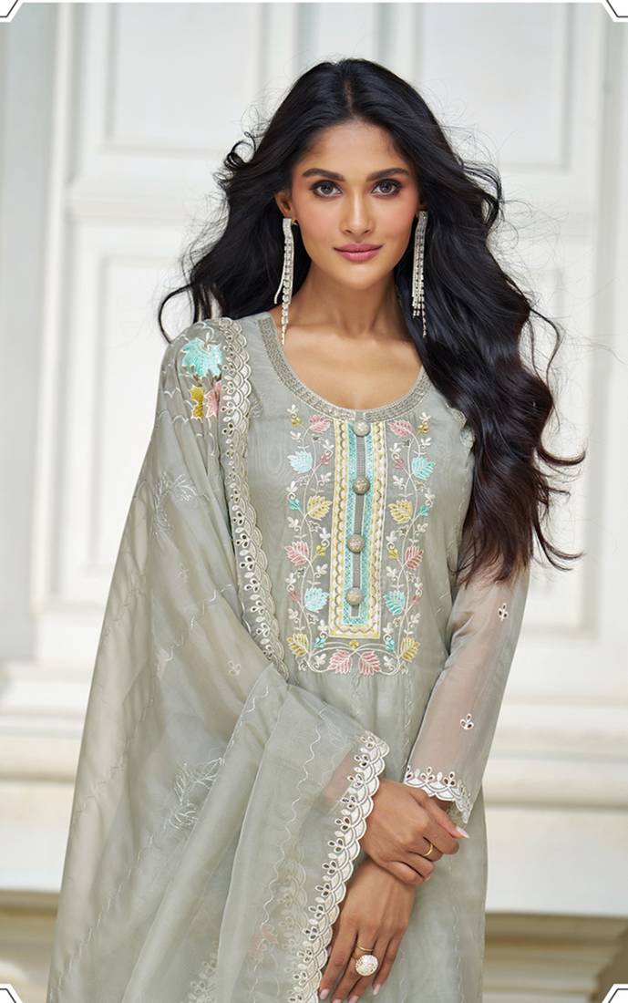 Light grey color organza embroidered staright suit - Monjolika - 4177818