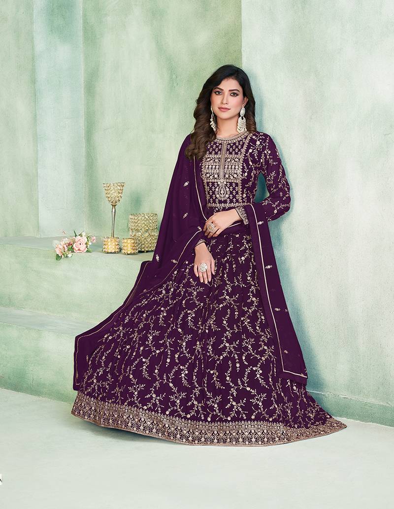 Women Purple & Gold-Toned Georgette Anarkali Kurta with Dupatta