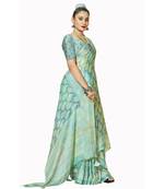 Turquoise floral print chiffon party wear saree with blouse